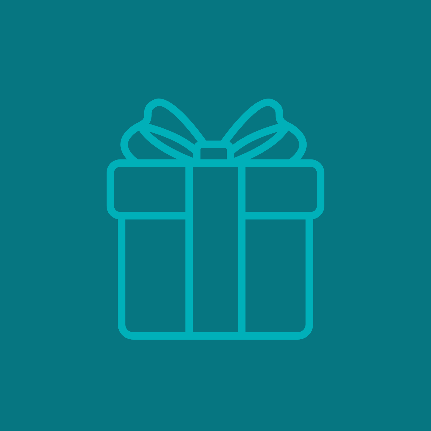 A simple teal outline of a gift box with ribbon and bow, centered on a solid teal background—ideal for illustrating email delivery of the Shop FlavCity Gift Card from Shop FlavCity.