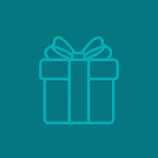 A simple teal outline of a gift box with ribbon and bow, centered on a solid teal background—ideal for illustrating email delivery of the Shop FlavCity Gift Card from Shop FlavCity.