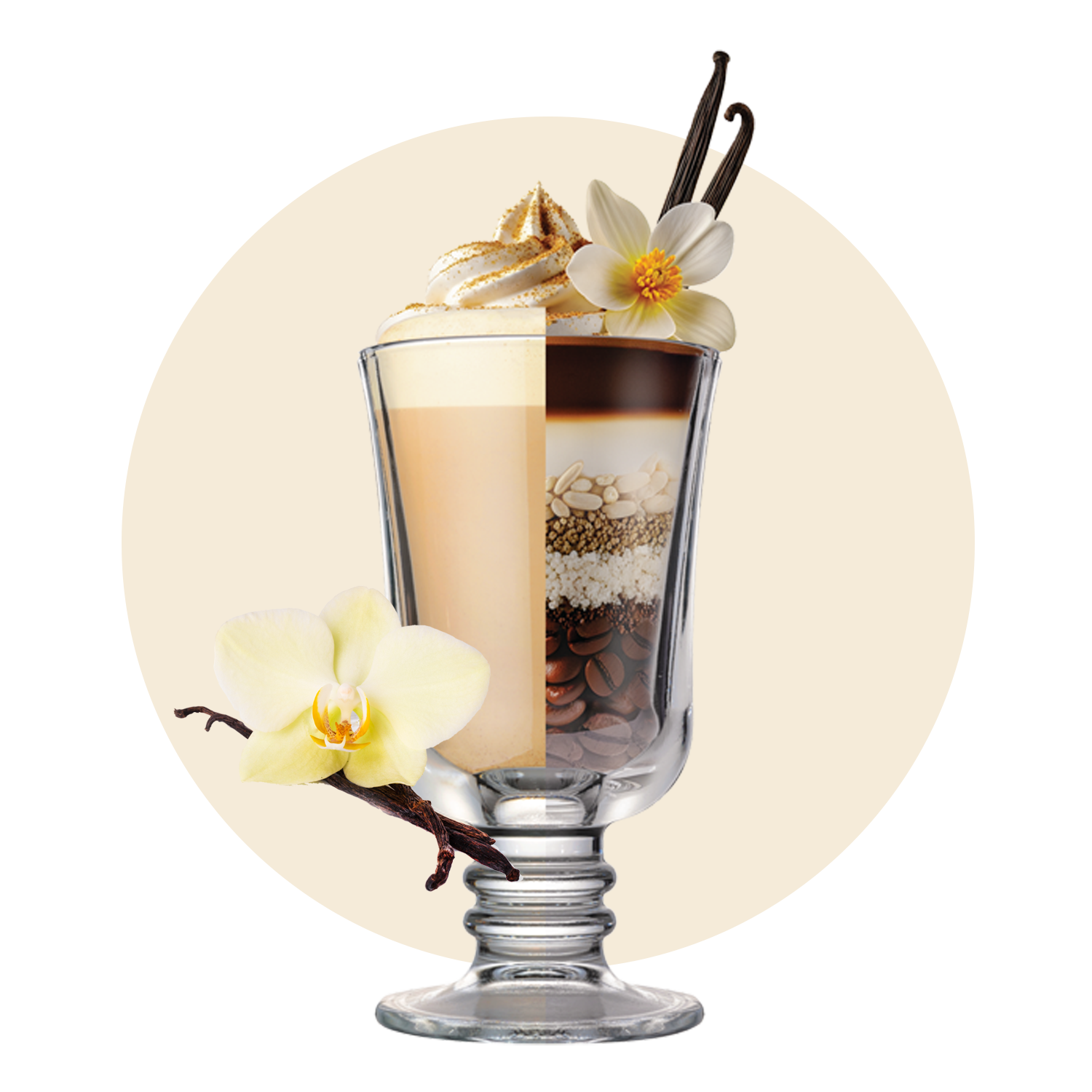 A glass goblet filled half with creamy coffee and half with layered dessert, topped with whipped cream, vanilla pods, and decorative flowers. An orchid flower is placed at the base of the glass.
