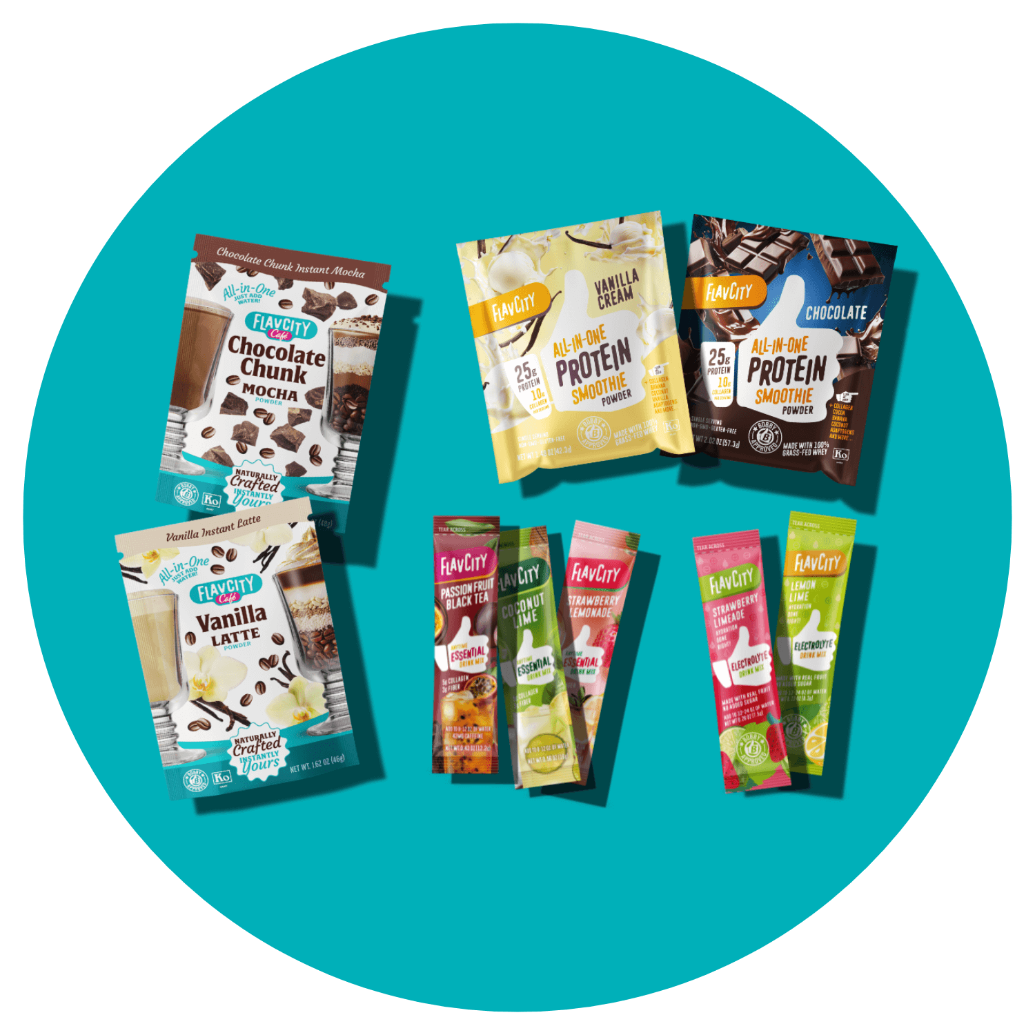 Assorted Healthy Choice products, including protein smoothie mixes and drink packets, arranged on a bright teal circle background. Products feature flavors like chocolate mocha, vanilla latte, and fruit blends.