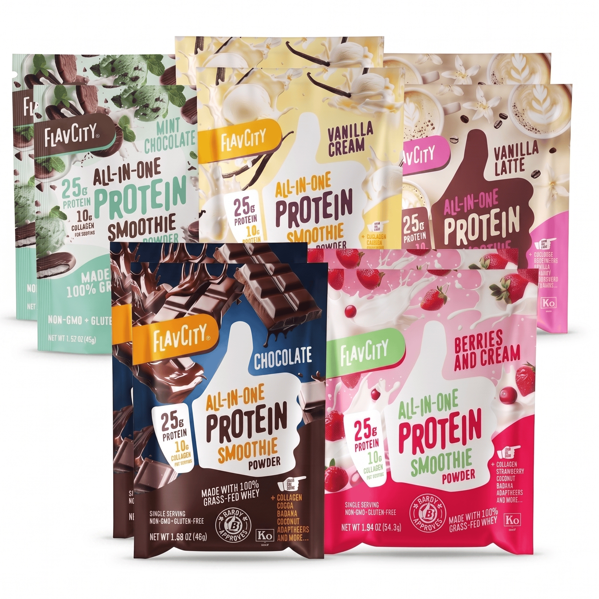 Shop FlavCity Dev: Single-Serve Packets are shown upright in flavors like chocolate, vanilla cream, vanilla latte, mint chocolate, and berries & cream—perfect for on-the-go protein.