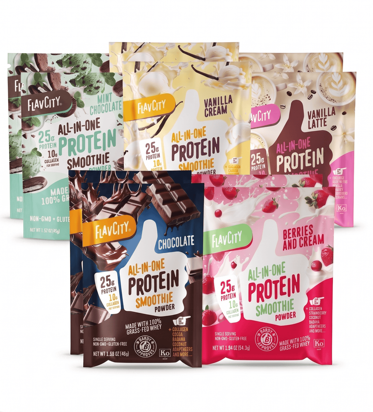 Shop FlavCity Dev: Single-Serve Packets are shown upright in flavors like chocolate, vanilla cream, vanilla latte, mint chocolate, and berries & cream—perfect for on-the-go protein.