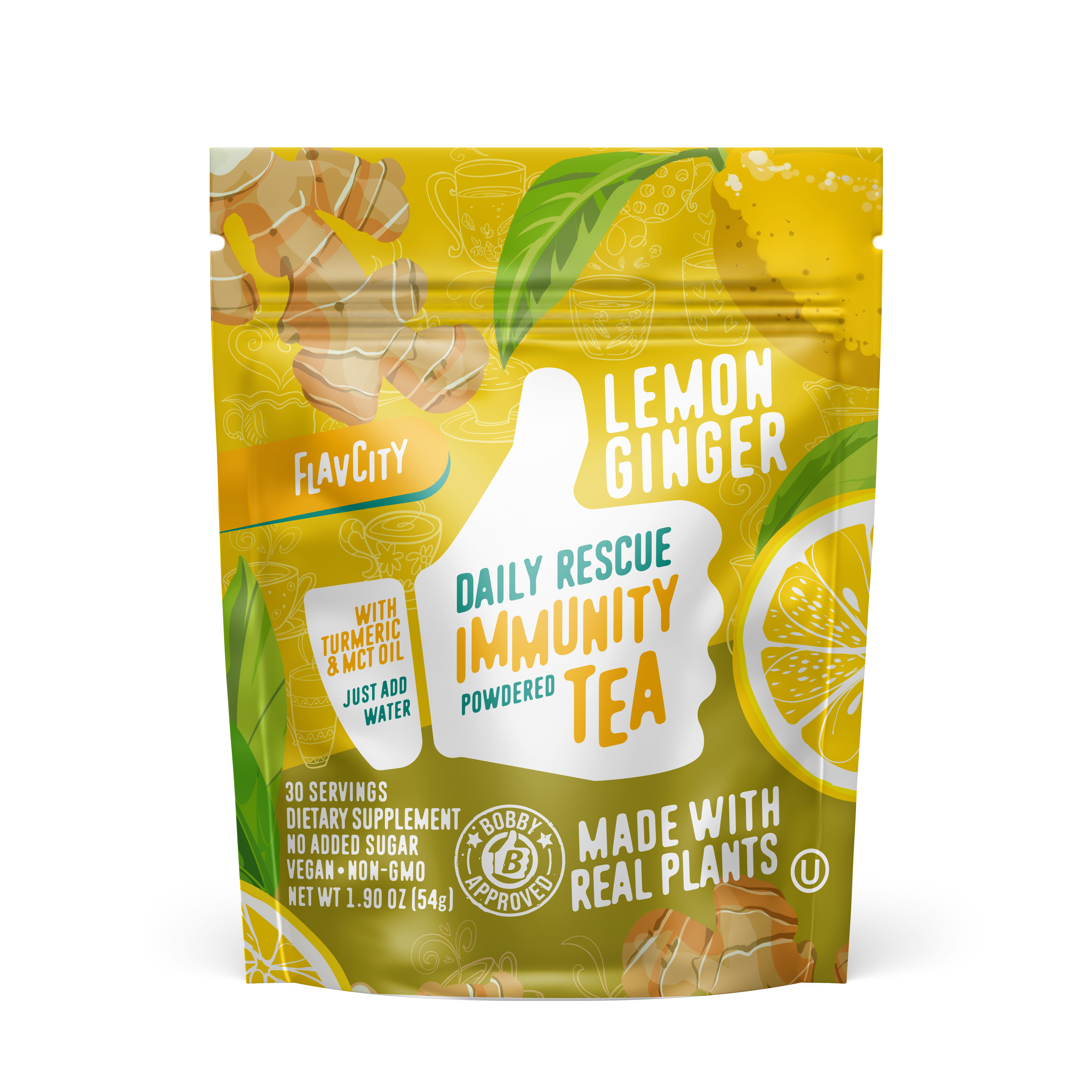 FlavCity Daily Rescue Immunity Tea powder packet in Lemon Ginger flavor, featuring turmeric and MCT oil, 30 servings of vegan and non-GMO dietary supplement with no added sugar, packaged in a yellow resealable pouch with green leaf accents and lemon slice graphics