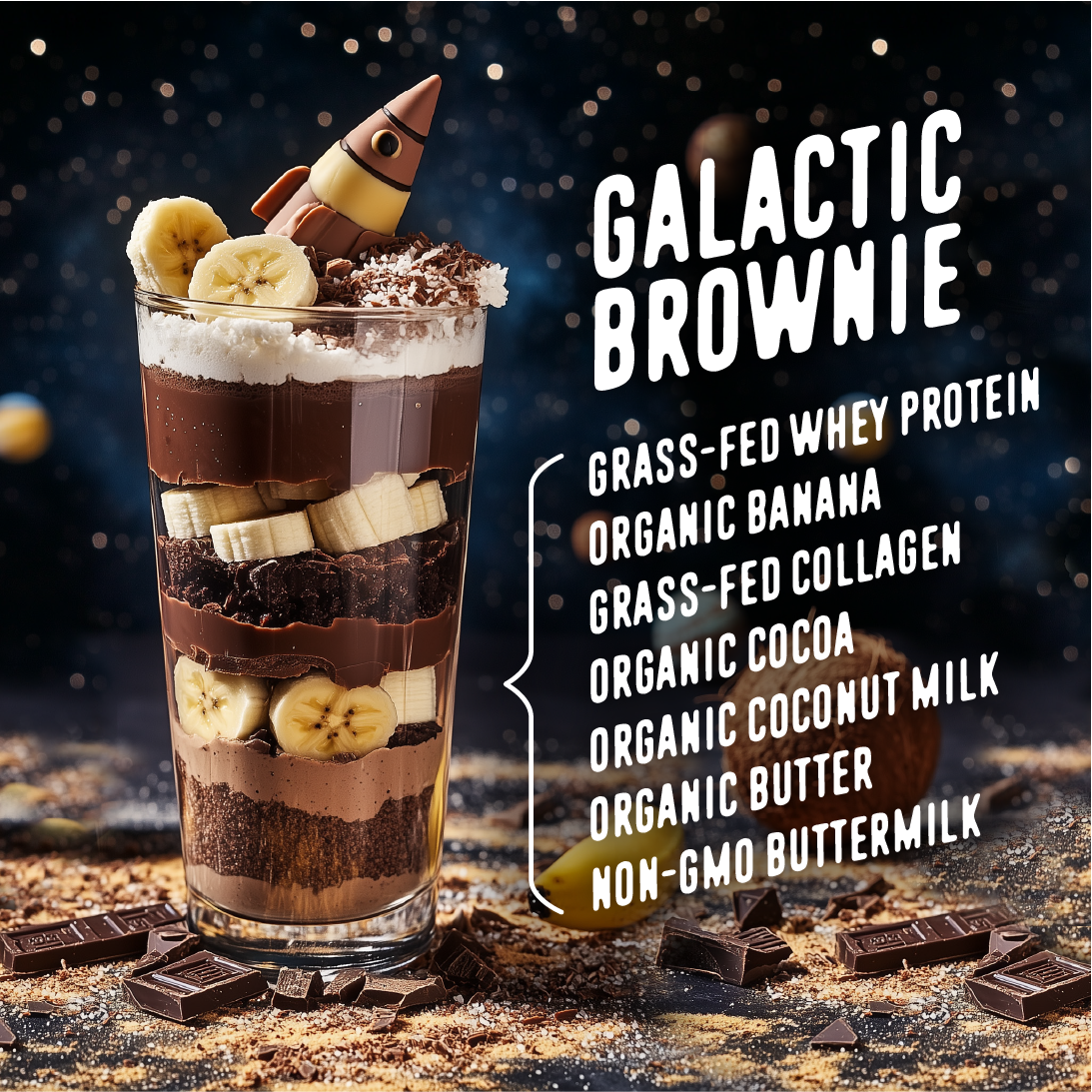 Galactic Brownie Kids Protein ingredients in a glass
