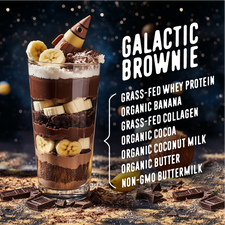 Galactic Brownie Kids Protein ingredients in a glass