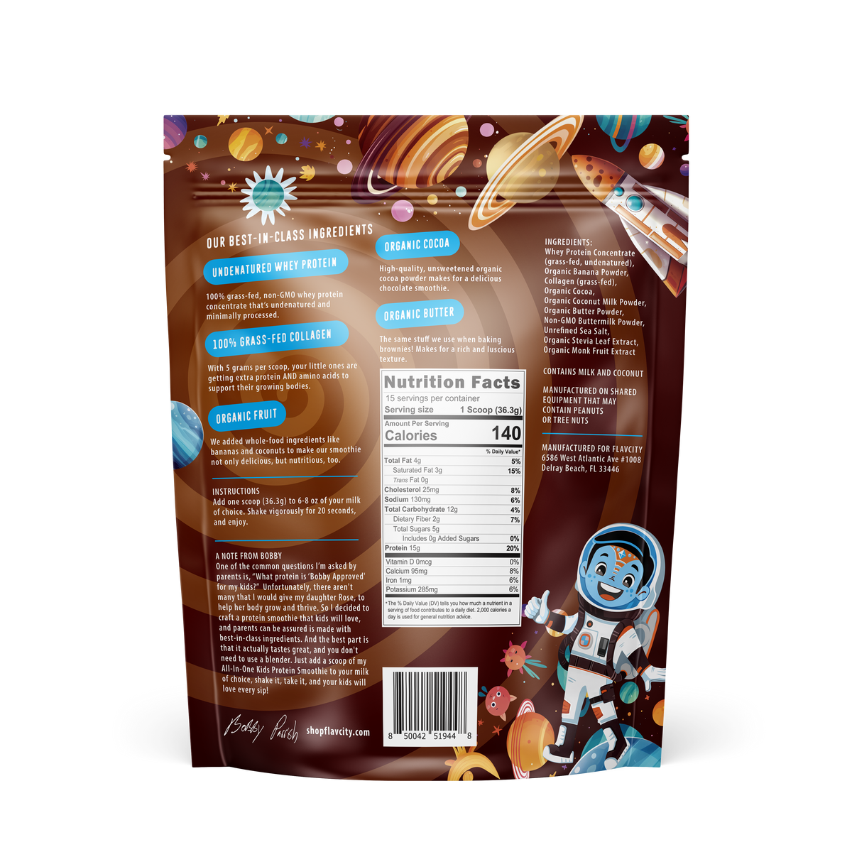 Galactic Brownie Kids Protein Flavor Smoothie bag, back