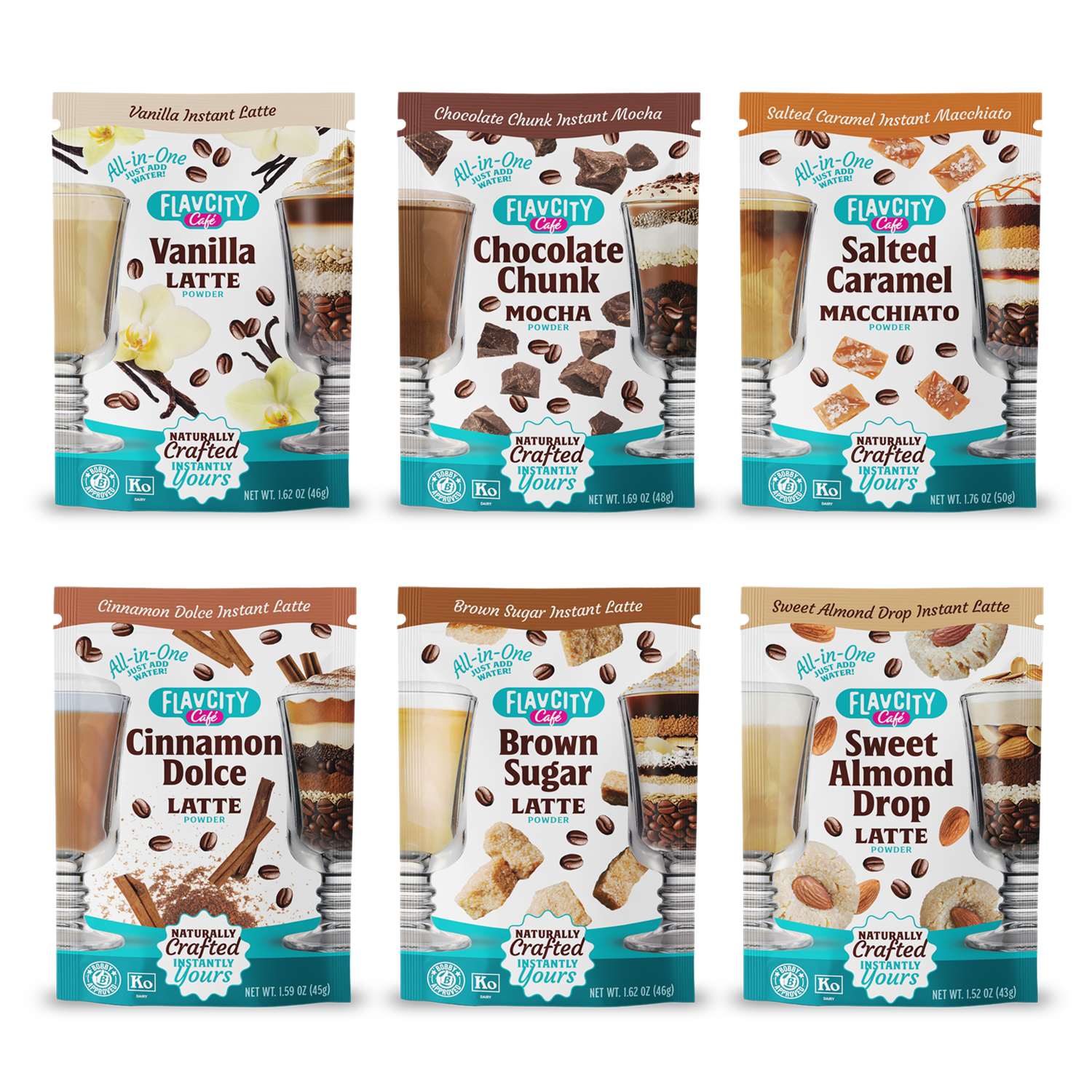 Six single-serve packets from the FlavCity Cafe Latte Variety Pack are shown: Vanilla, Chocolate Chunk Mocha, Salted Caramel Macchiato, Cinnamon Dolce, Brown Sugar Instant, and Sweet Almond Drop lattes.