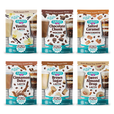 Six single-serve packets from the FlavCity Cafe Latte Variety Pack are shown: Vanilla, Chocolate Chunk Mocha, Salted Caramel Macchiato, Cinnamon Dolce, Brown Sugar Instant, and Sweet Almond Drop lattes.