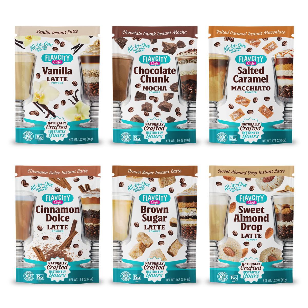 Six single-serve packets from the FlavCity Cafe Latte Variety Pack are shown: Vanilla, Chocolate Chunk Mocha, Salted Caramel Macchiato, Cinnamon Dolce, Brown Sugar Instant, and Sweet Almond Drop lattes.