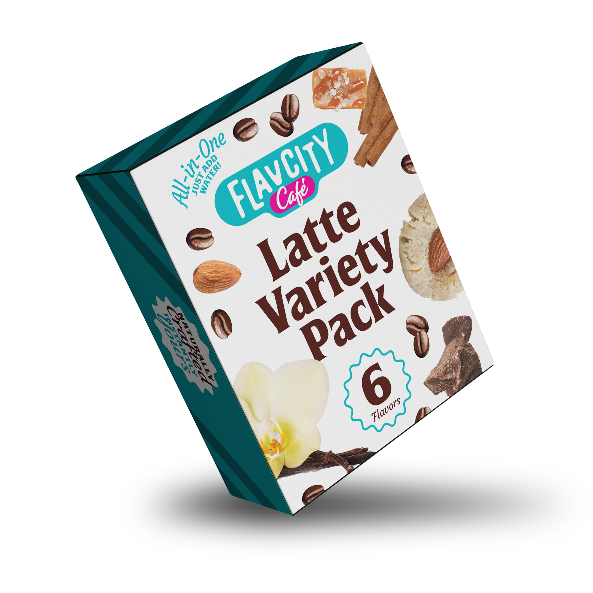 A tilted box of FlavCity Cafe Latte Variety Pack features six latte flavors, with images of coffee beans, cinnamon, almond, cookie, vanilla flower, and chocolate on the packaging against a white background.