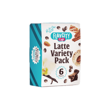 The FlavCity Cafe Latte Variety Pack features 6 delicious single-serve lattes in a turquoise and white box with images of coffee beans, vanilla, chocolate, cinnamon, and a cookie—perfect for enjoying your favorite flavors on the go.
