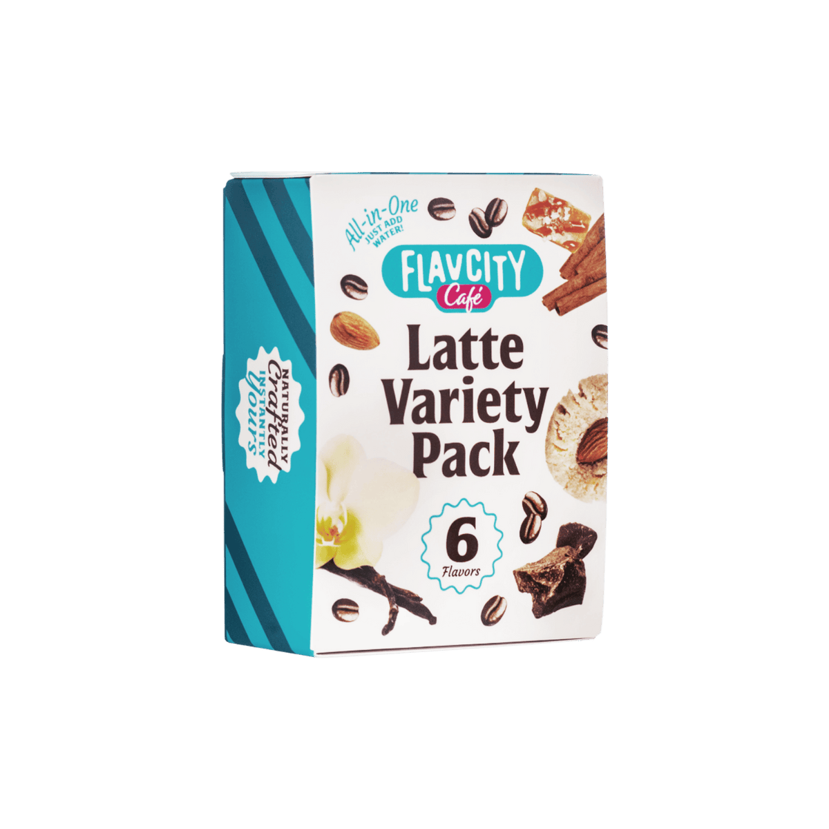 The FlavCity Cafe Latte Variety Pack features 6 delicious single-serve lattes in a turquoise and white box with images of coffee beans, vanilla, chocolate, cinnamon, and a cookie—perfect for enjoying your favorite flavors on the go.