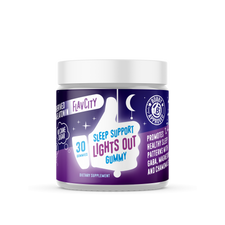 A container of 30 'Lights Out Sleep Support Gummy' dietary supplement, with a blue and purple label design emphasizing its benefits for restful sleep.