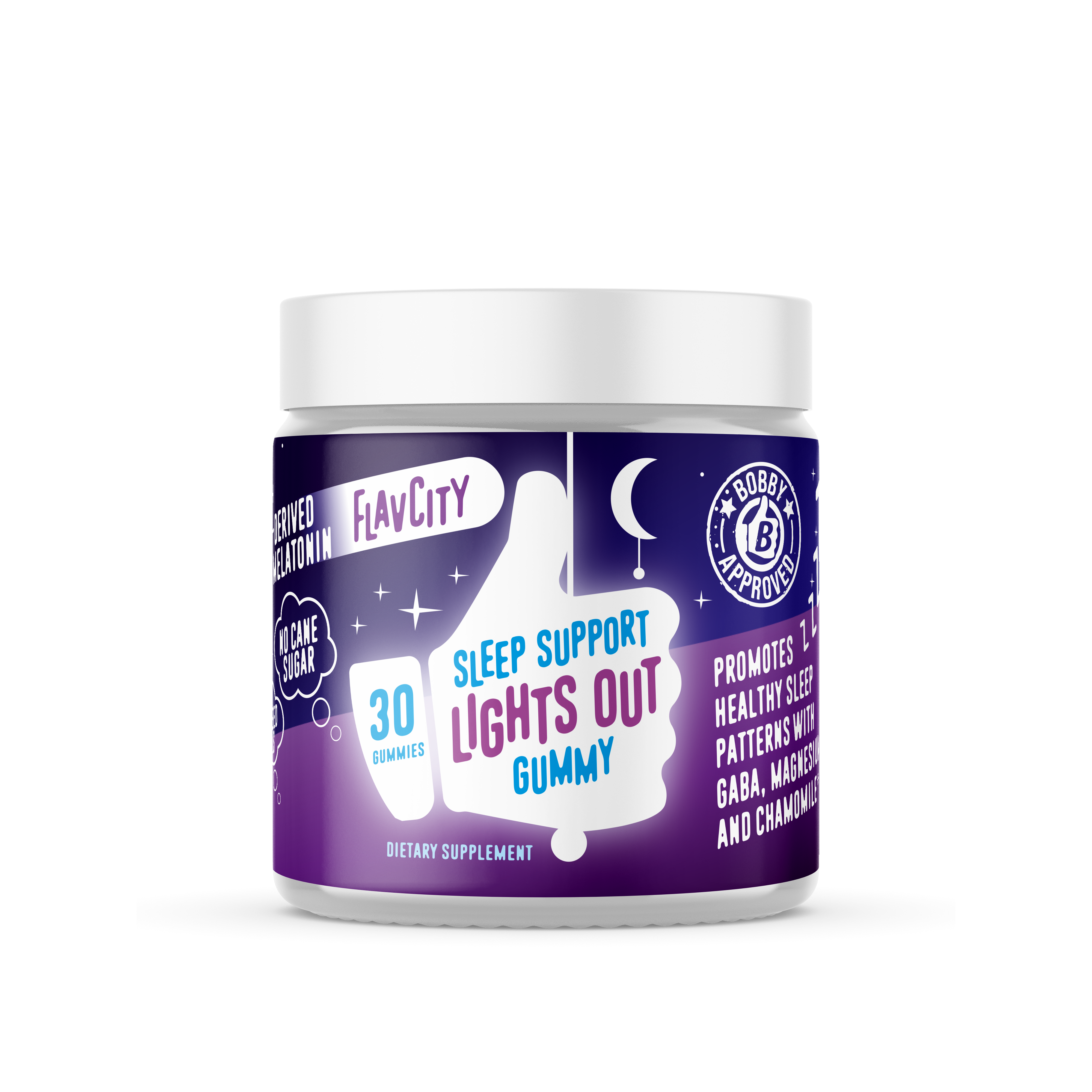 A container of 30 'Lights Out Sleep Support Gummy' dietary supplement, with a blue and purple label design emphasizing its benefits for restful sleep.