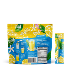 Back of Flavcity Superfood Lemonade package with lemon and flower graphics on a white background