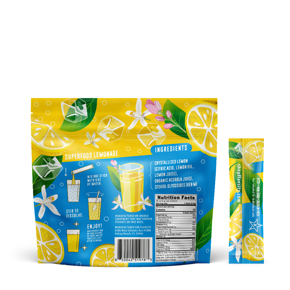 Back of Flavcity Superfood Lemonade package with lemon and flower graphics on a white background