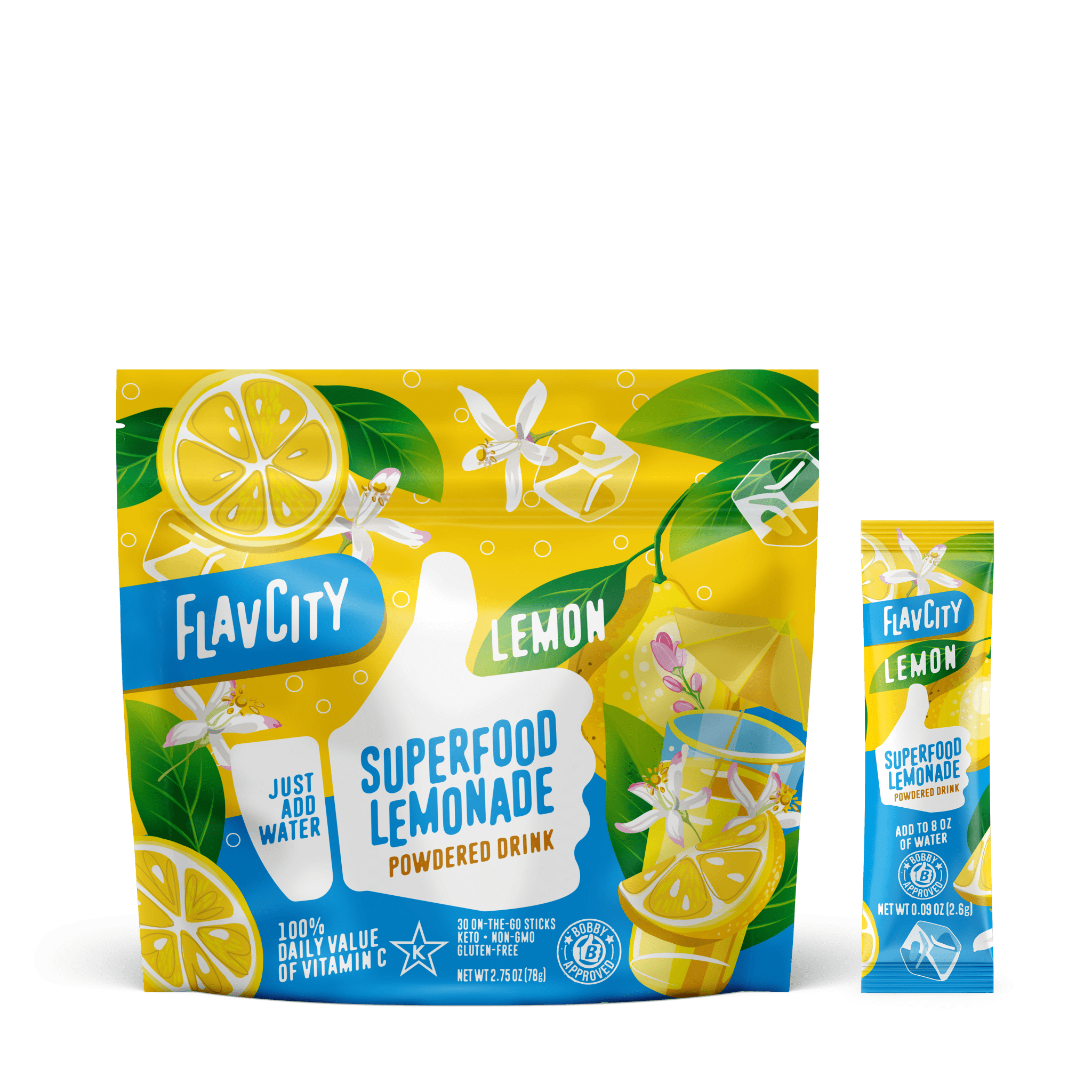 FlavCity Superfood Lemonade powder package with lemon slices and green leaves on a white background