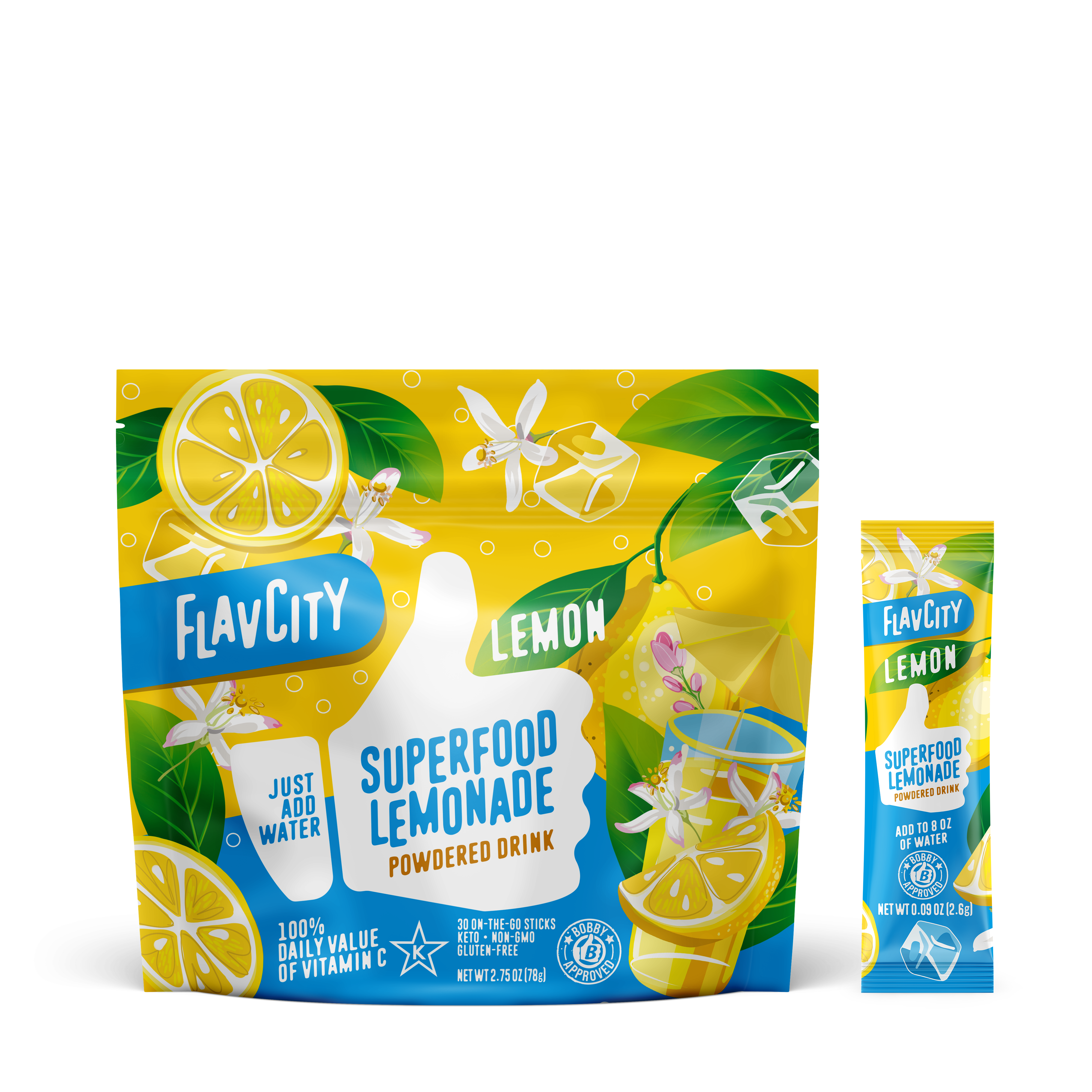 FlavCity Superfood Lemonade powder package with lemon slices and green leaves on a white background