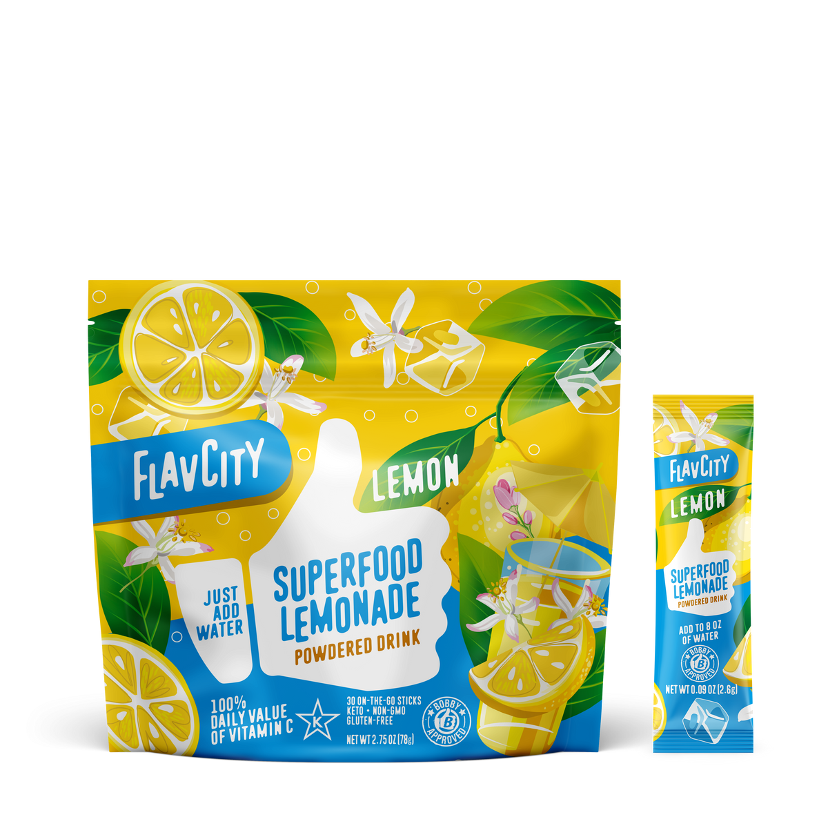 FlavCity Superfood Lemonade powder package with lemon slices and green leaves on a white background