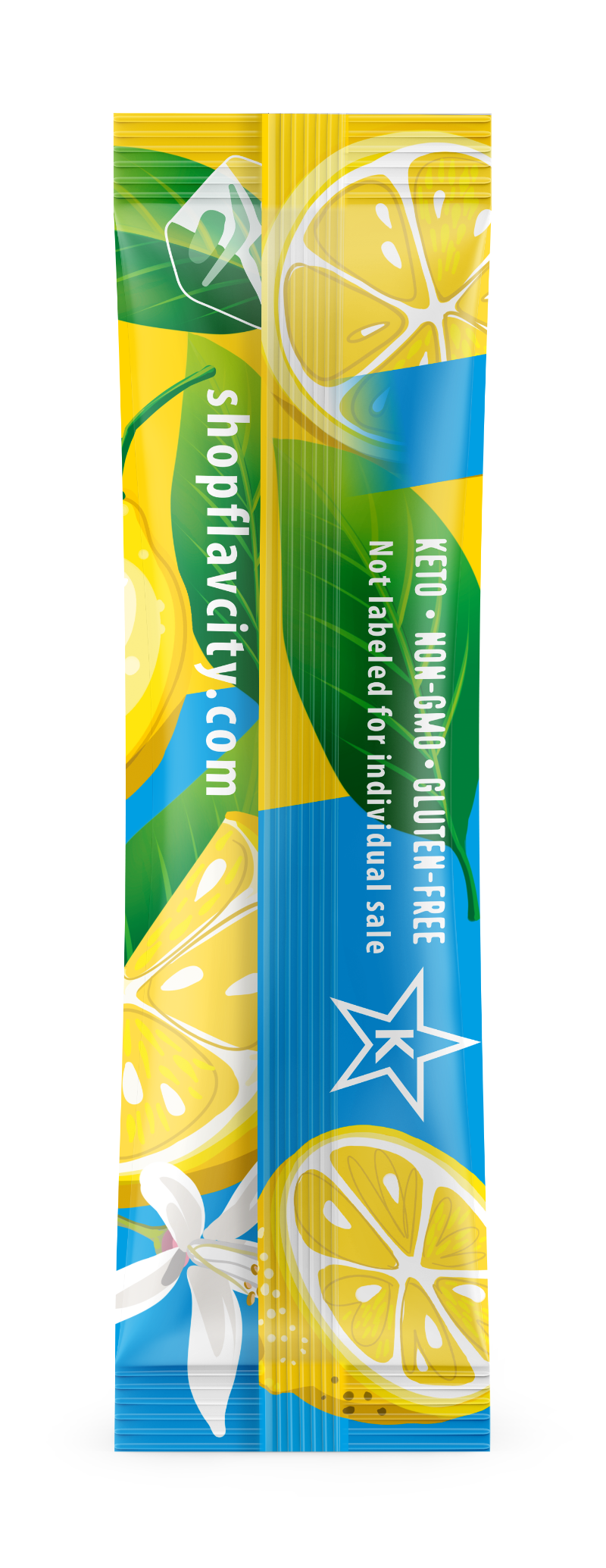 Flavor packet with lemon design and 'shopflavacity.com' text on a white background
