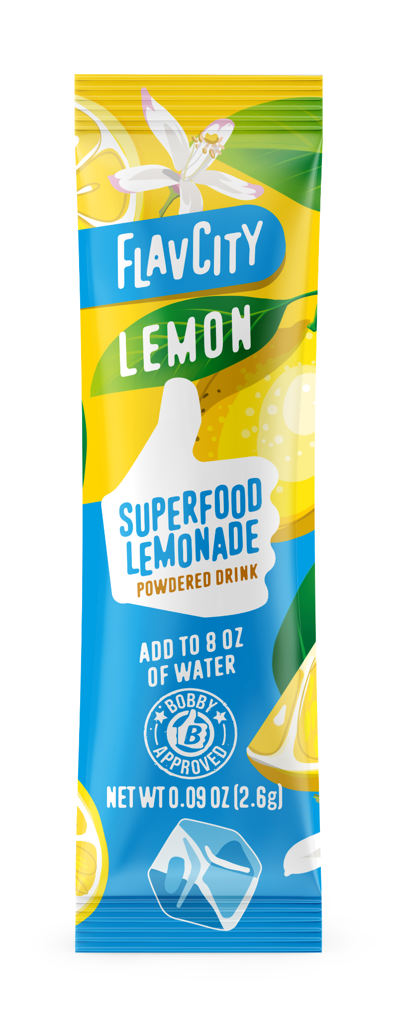 FlavCity Lemon Superfood Lemonade powder packet on a white background