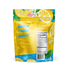 Back view of the 'Superfood Lemonade' flavored powdered drink mix, showing the nutritional facts, ingredients, and product information on the yellow packaging.