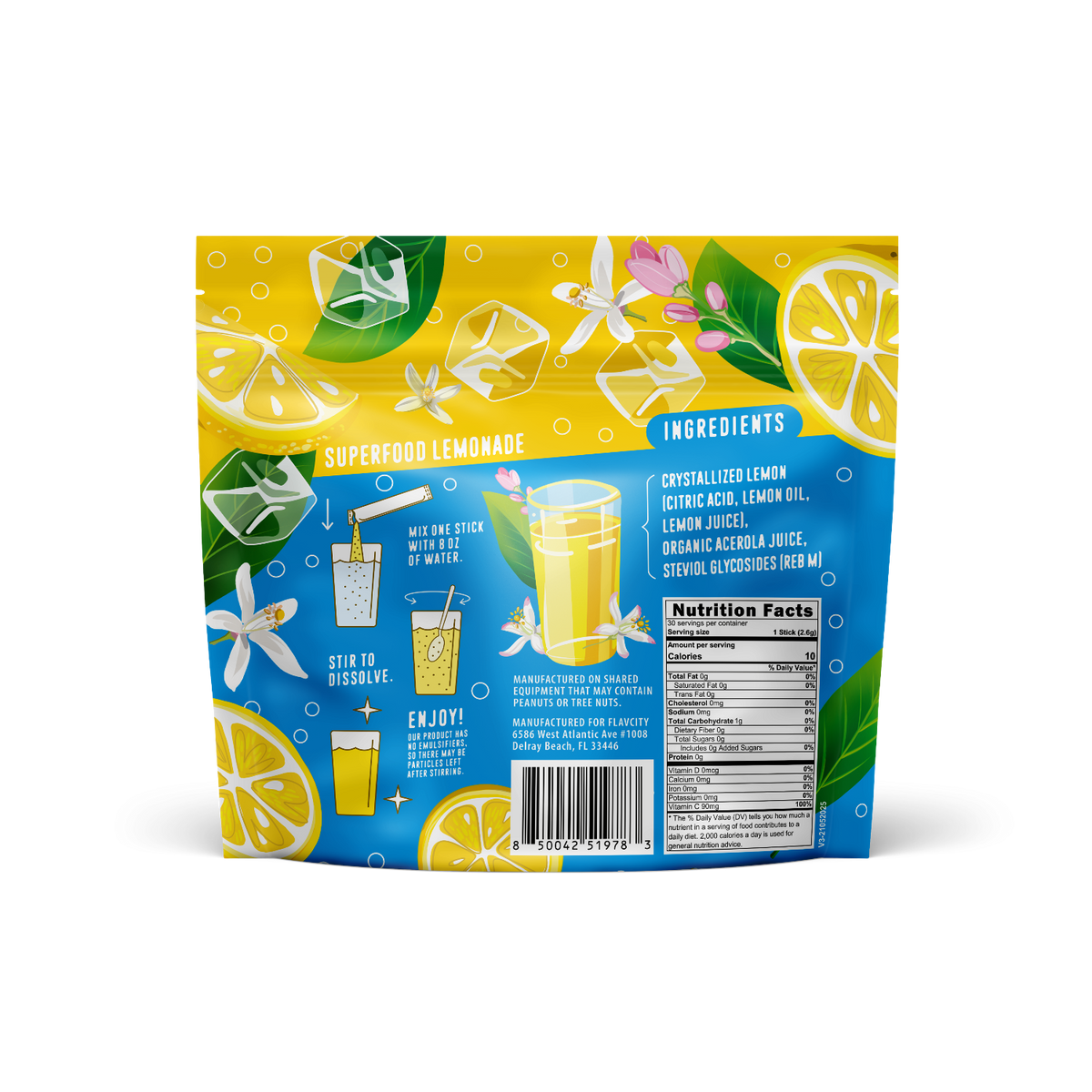 back of a flavcity superfood Lemonade package with lemon and flower graphics on a white background