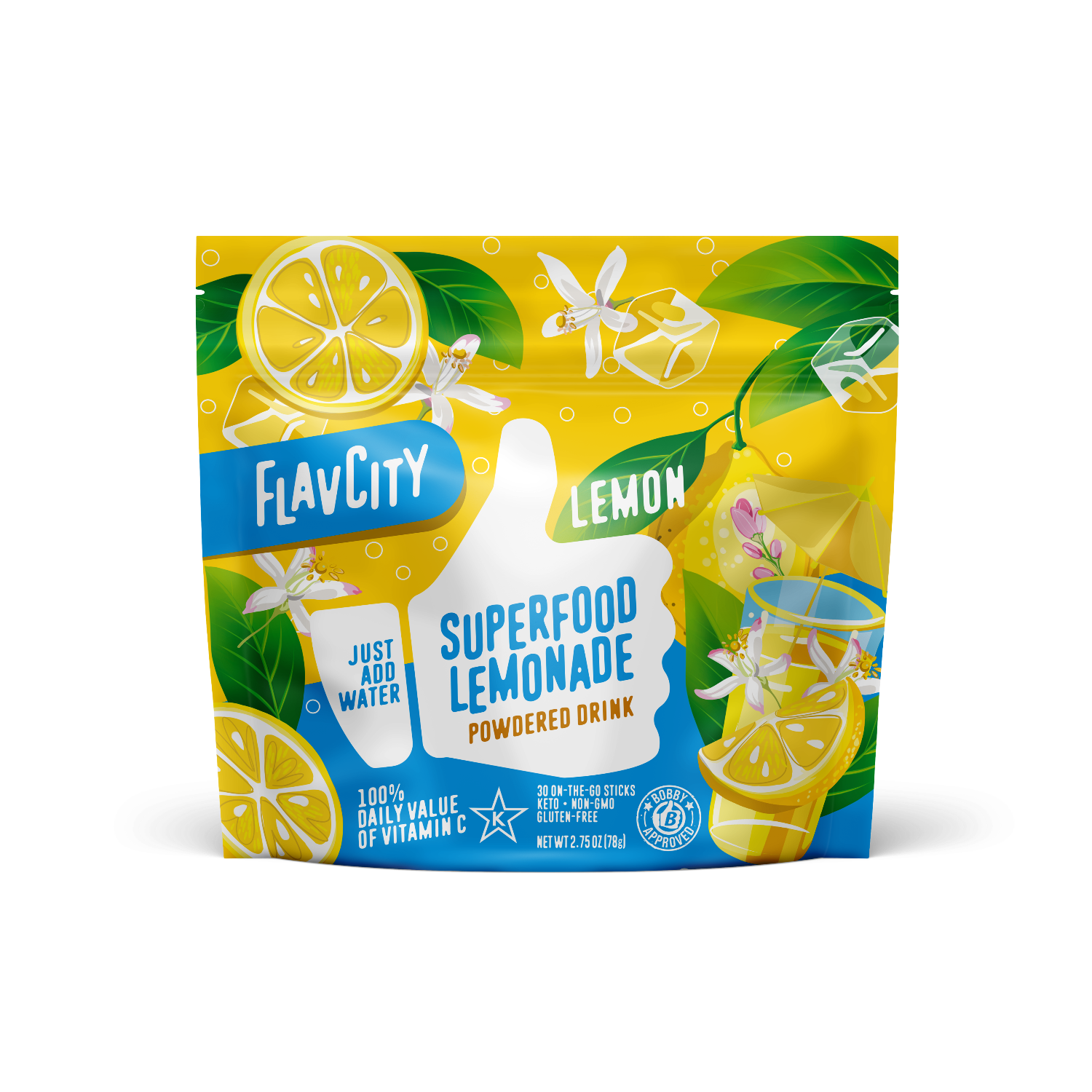 FlavCity Superfood Lemonade powder drink package on a white background