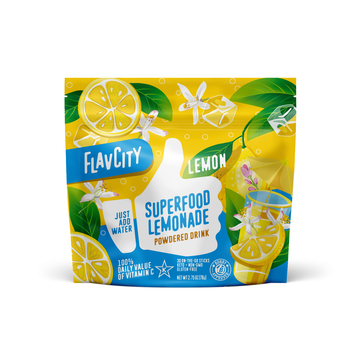 FlavCity Superfood Lemonade powder drink package on a white background