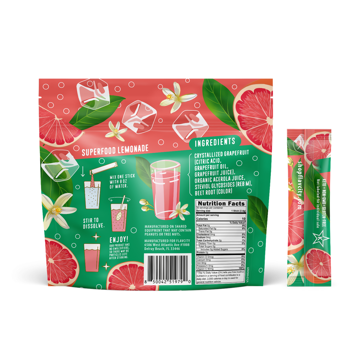 A vibrant Shop FlavCity Grapefruit Lemonade sugar-free superfood mix pack features sliced grapefruit, leaves, and flowers. The front displays a glass of pink lemonade with ice, while the back lists ingredients, instructions, and nutrition facts.