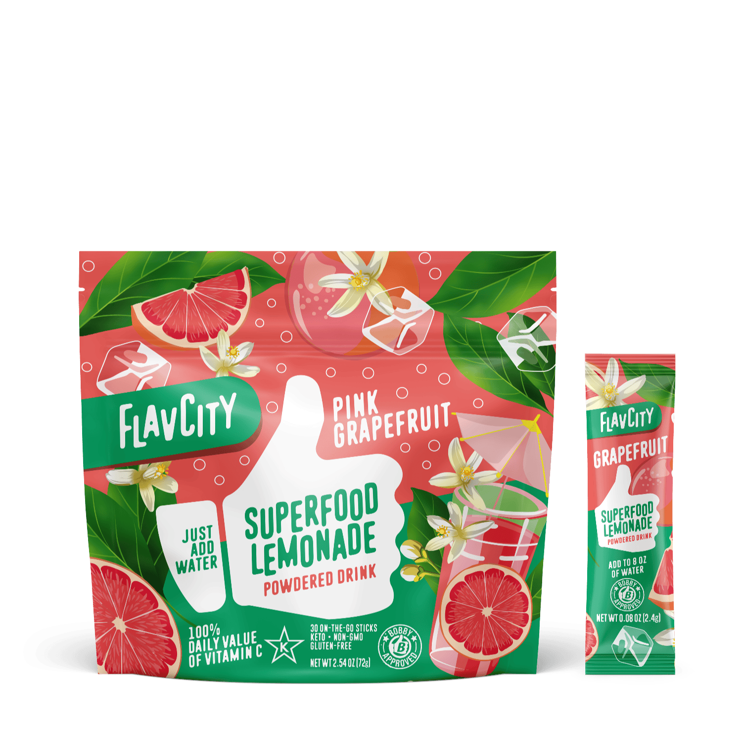 A package and stick pack of Shop FlavCity Grapefruit Lemonade, a healthy drink shown with sliced grapefruits, flowers, and leaves on a pink-green background. Text highlights vitamin C, easy mixing, and sugar-free ingredients.