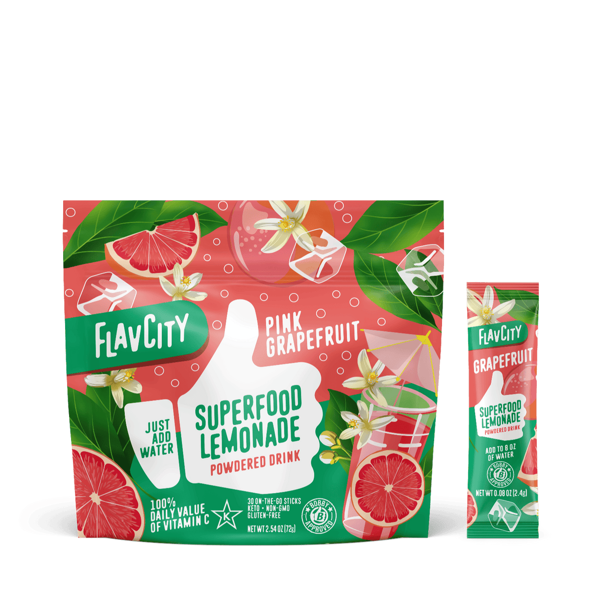 A package and stick pack of Shop FlavCity Grapefruit Lemonade, a healthy drink shown with sliced grapefruits, flowers, and leaves on a pink-green background. Text highlights vitamin C, easy mixing, and sugar-free ingredients.