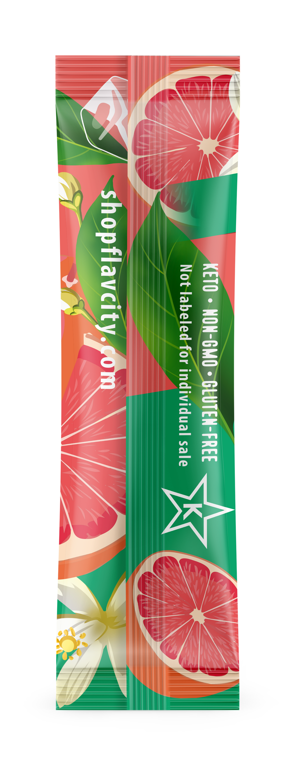 A vibrant single-serve Grapefruit Lemonade packet by Shop FlavCity features grapefruit, flowers, and lemonade images. It’s keto, sugar free, non-GMO, gluten free, and not labeled for individual sale—a healthy beverage choice.