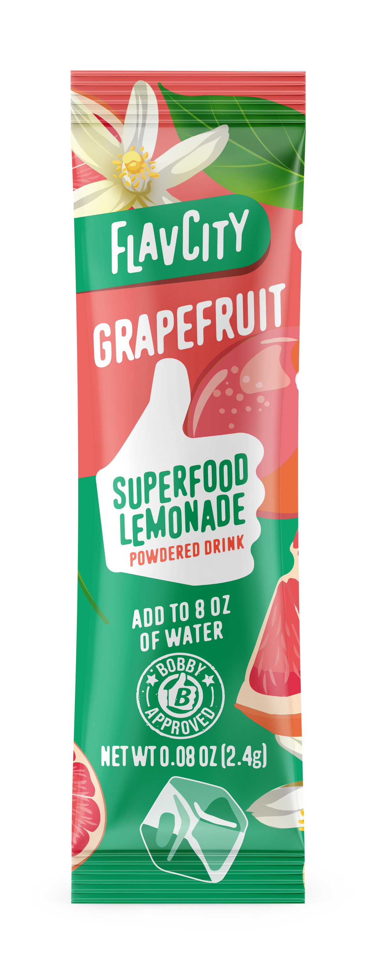 A vibrant packet of Shop FlavCity Grapefruit Lemonade, decorated with grapefruit, a flower, and green leaves. This sugar-free drink is Bobby Approved—just mix with 8 oz water. Net wt: 2.4g.