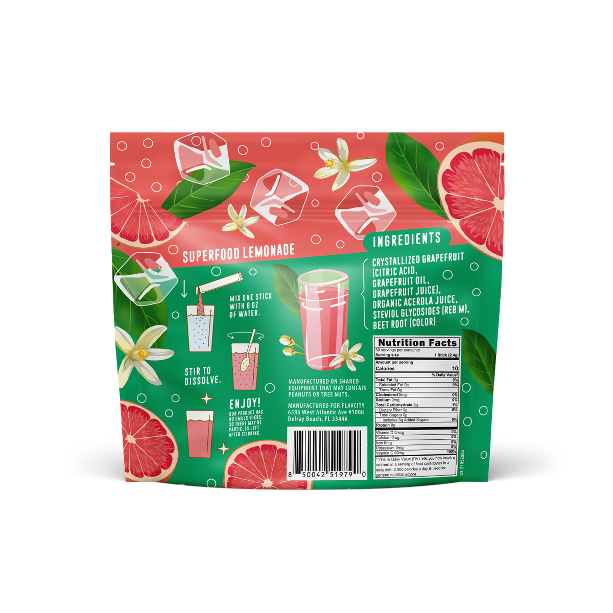 A vibrant Shop FlavCity Grapefruit Lemonade mix package features citrus and grapefruit slice graphics, ice cubes, and flowers. Directions, ingredients, and nutrition facts are displayed next to a glass of pink lemonade with a stir stick.