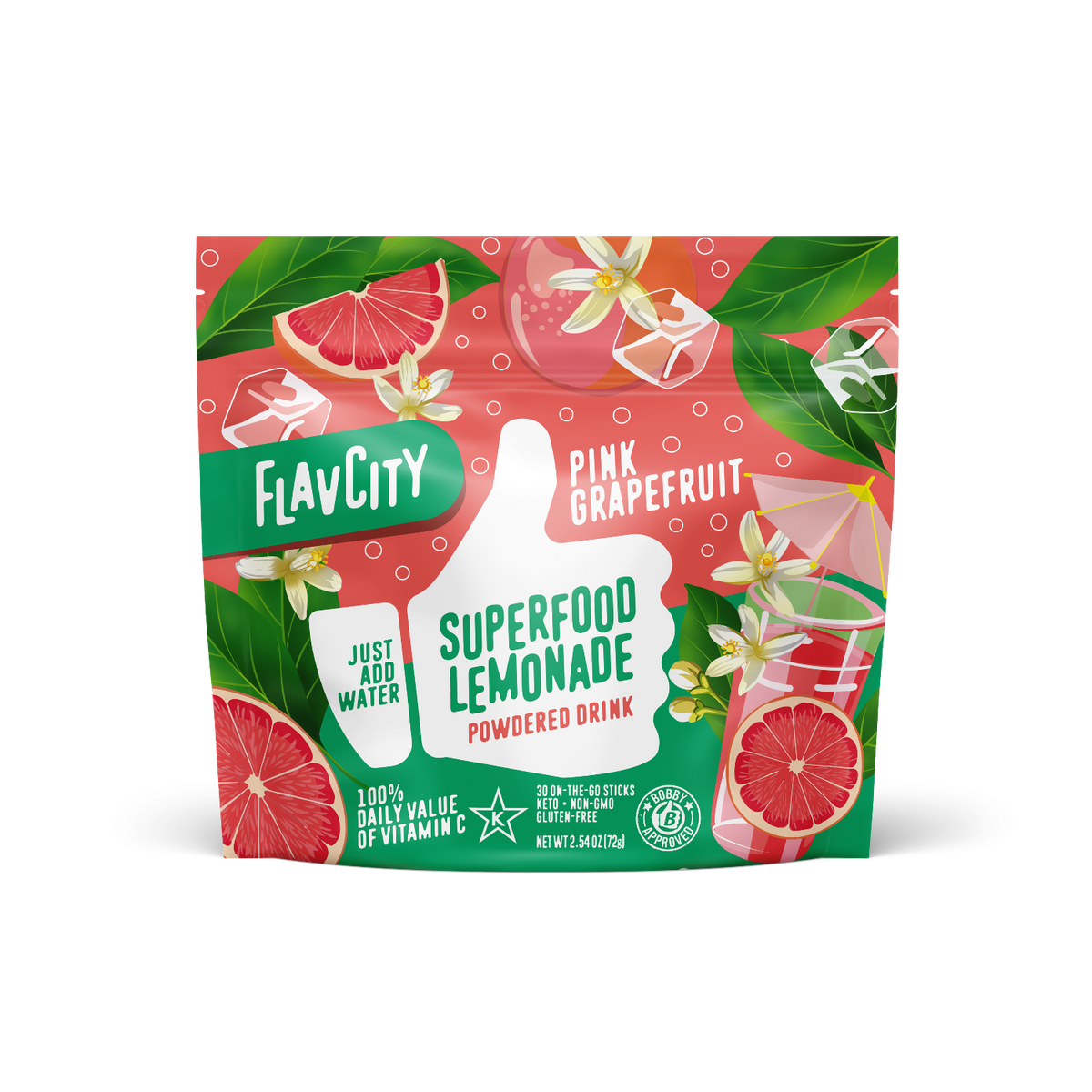 A vibrant pouch of Shop FlavCity Grapefruit Lemonade features grapefruit slices and lemonade on a pink-green background. This sugar-free, healthy drink mix is packed with vitamin C for a refreshing boost.
