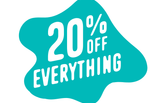 A teal splash-shaped graphic with bold white text that reads 20% OFF EVERYTHING.