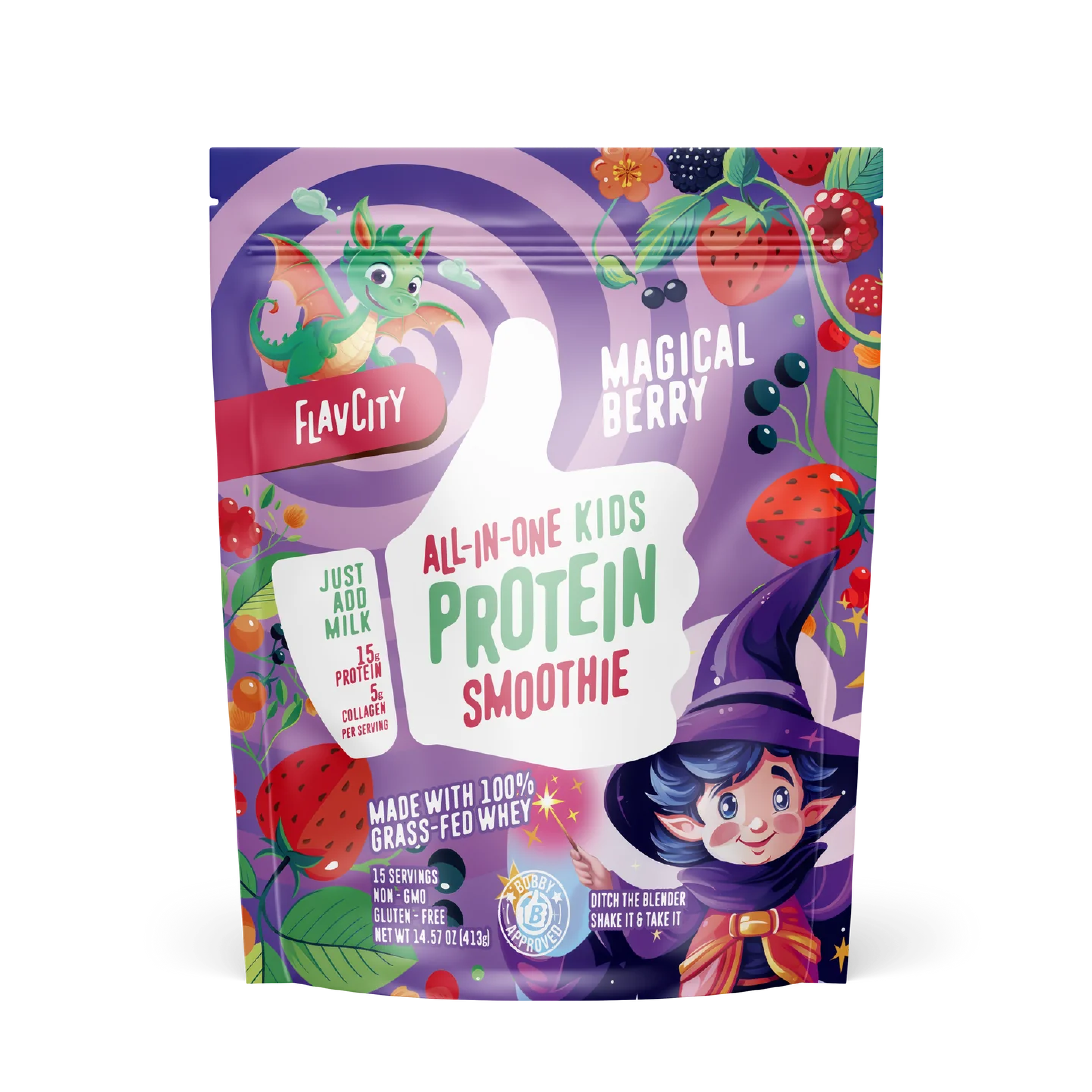 Front of the Magical Berry Kids Protein Smoothie bag featuring colorful design and ingredients.