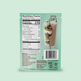 Nutrition facts label and ingredient list for Mint Chocolate Protein Smoothie Packets, featuring an image of a chocolate mint smoothie in a glass.