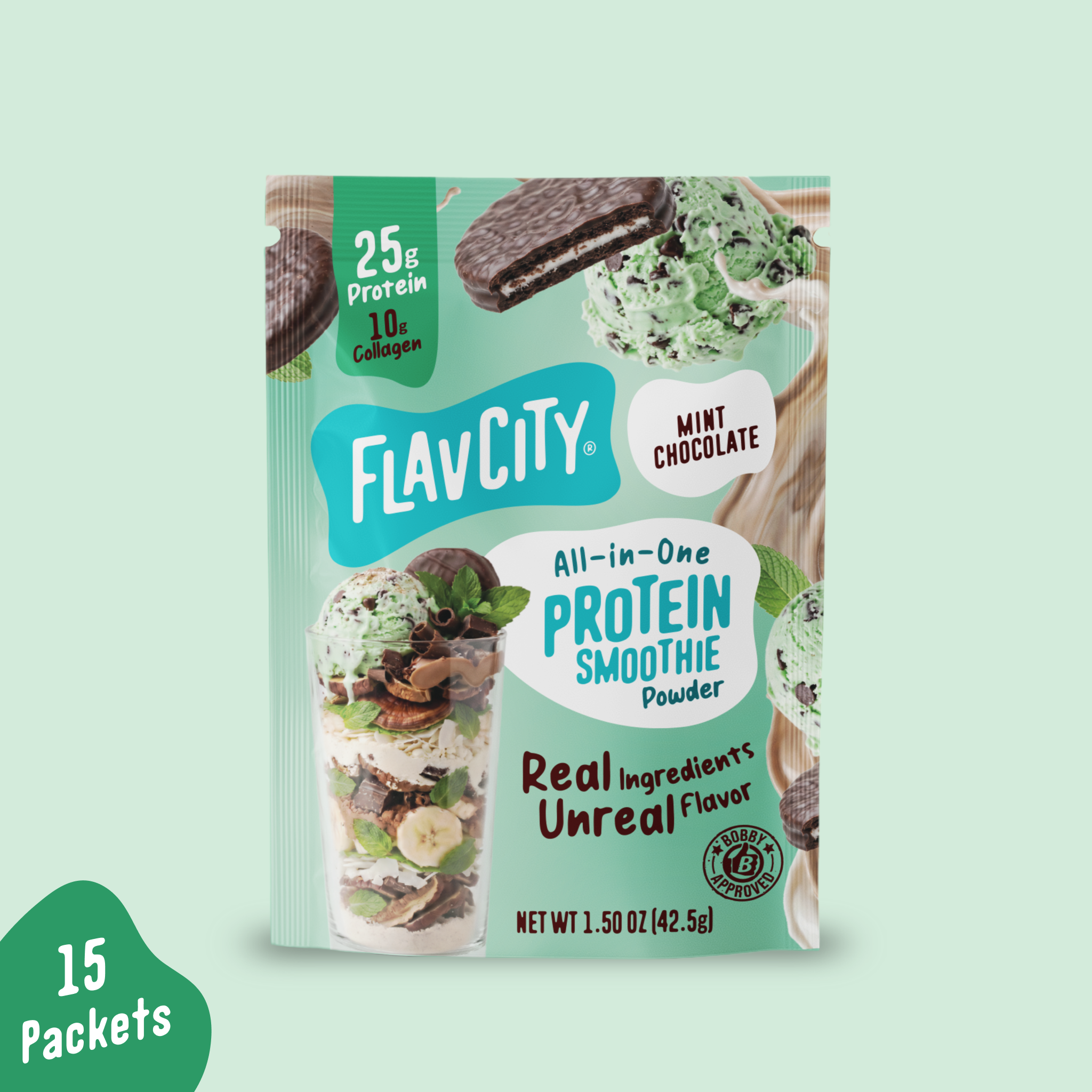 A pouch of Shop FlavCity Mint Chocolate Protein Smoothie Packets featuring images of mint chocolate chip ice cream, chocolate cookies, and a layered smoothie glass.