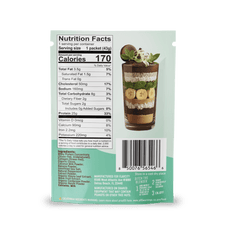 A nutrition facts label on a food packet shows a Mint Chocolate Protein Smoothie from Shop FlavCity, featuring chocolate, bananas, mint, and cream. The packet highlights 170 calories per serving and displays a barcode at the bottom. The background is light green.