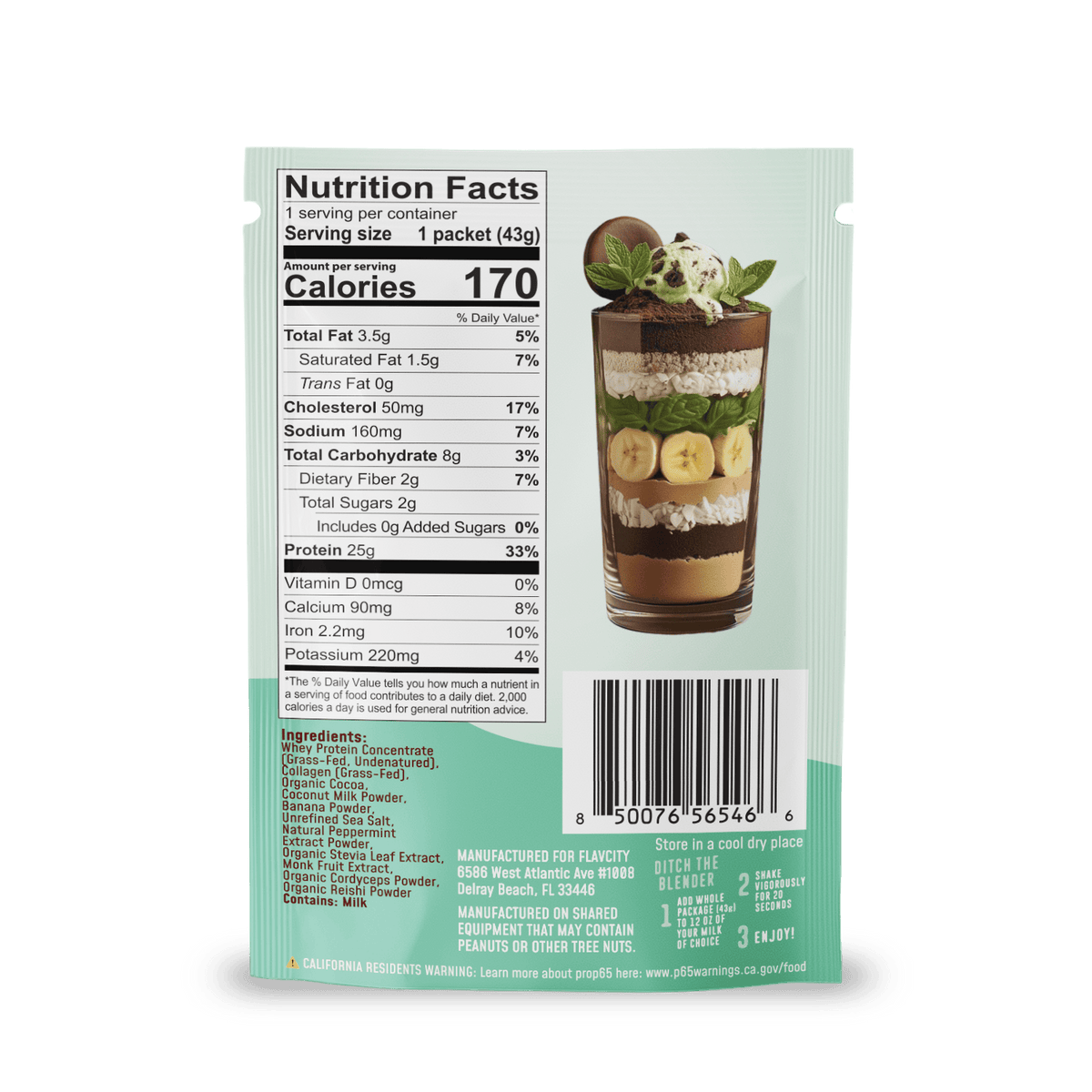A nutrition facts label on a food packet shows a Mint Chocolate Protein Smoothie from Shop FlavCity, featuring chocolate, bananas, mint, and cream. The packet highlights 170 calories per serving and displays a barcode at the bottom. The background is light green.