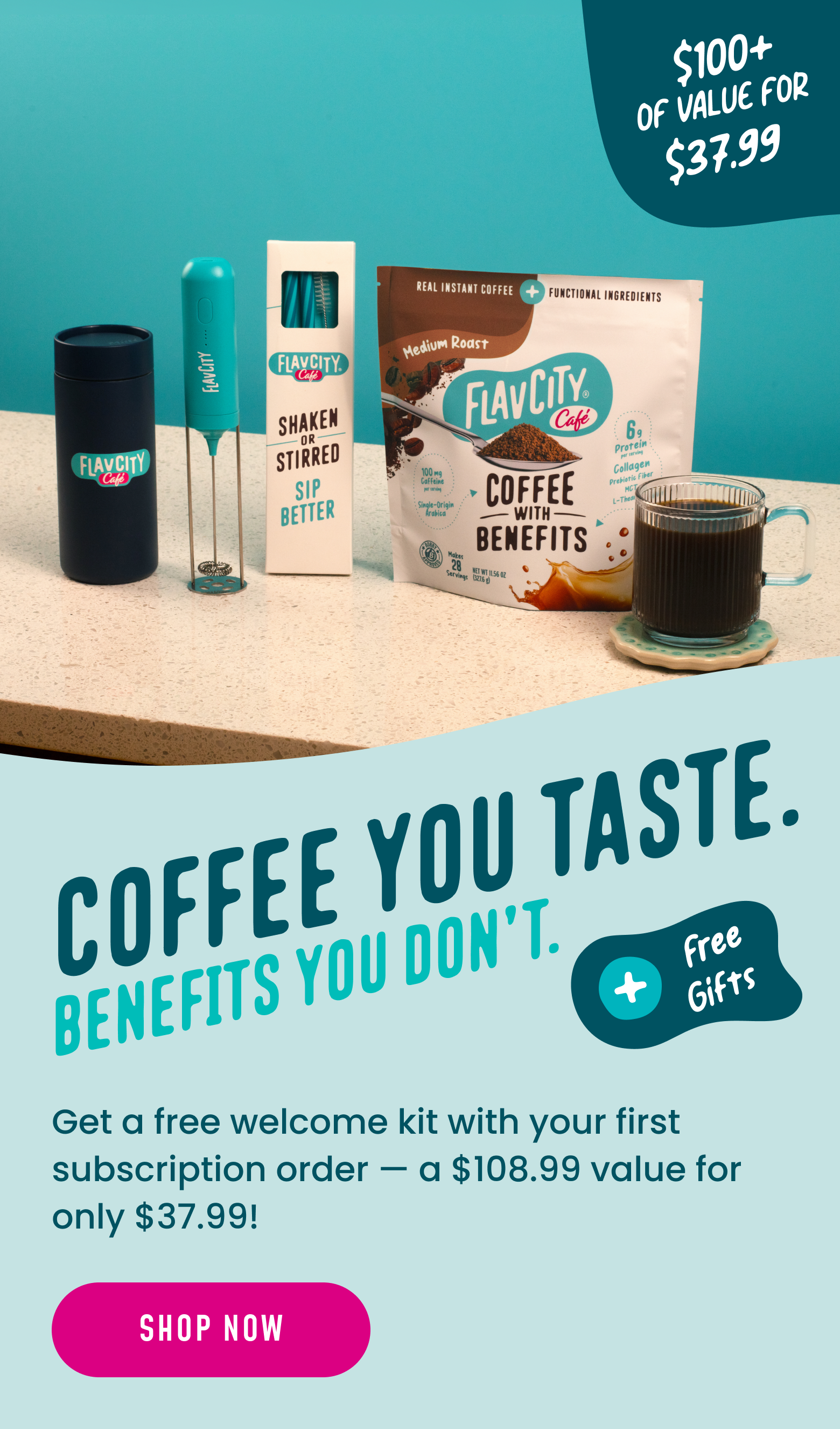 Medium roast coffee (28 servings), 16oz Tumbler, Frother, Straw Set