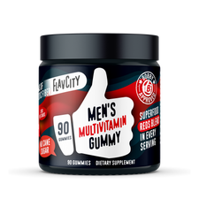 A container of 90 'Men's Multivitamin Gummy' supplement, featuring a black and red label design with essential vitamins and nutrients for men's health.