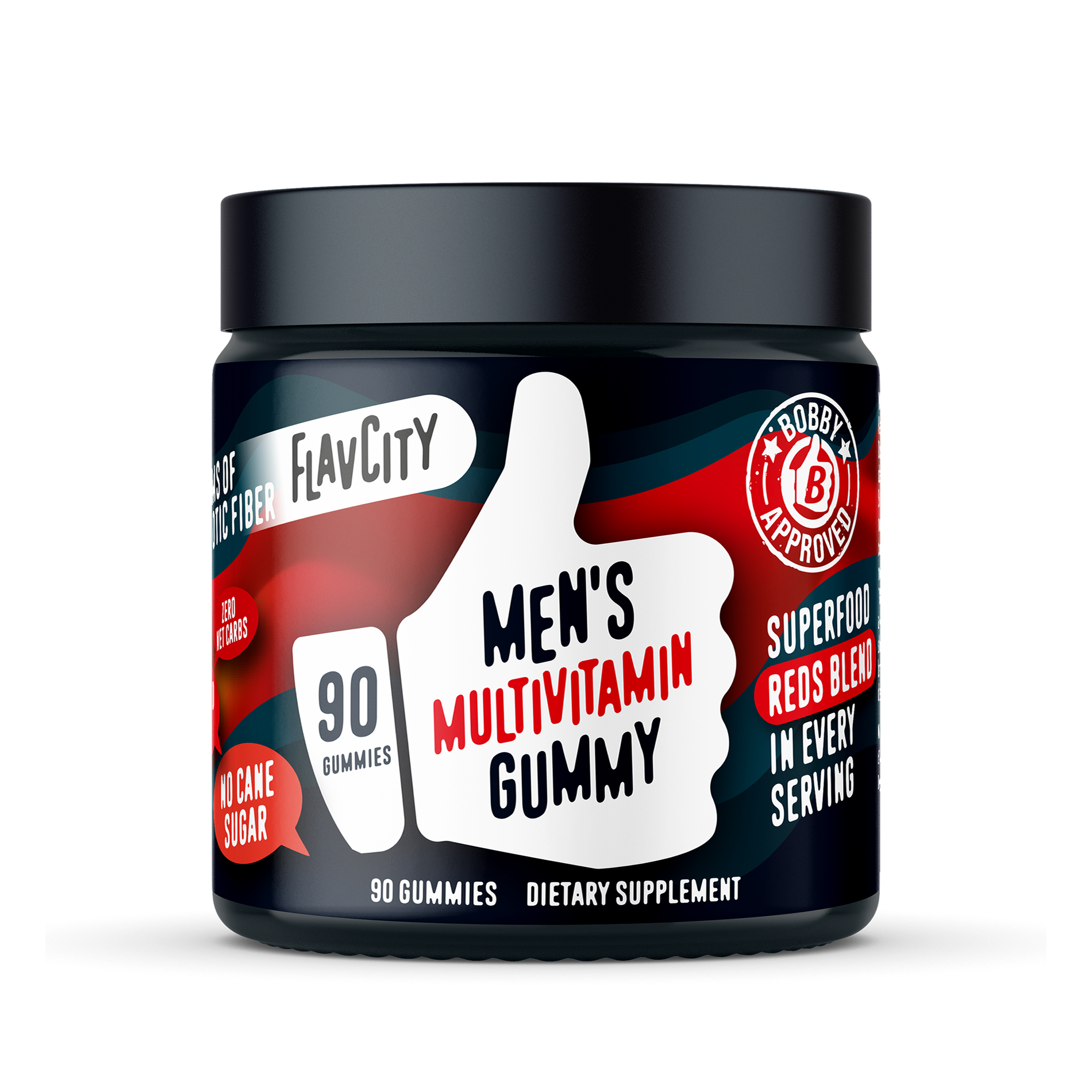 A container of 90 'Men's Multivitamin Gummy' supplement, featuring a black and red label design with essential vitamins and nutrients for men's health.
