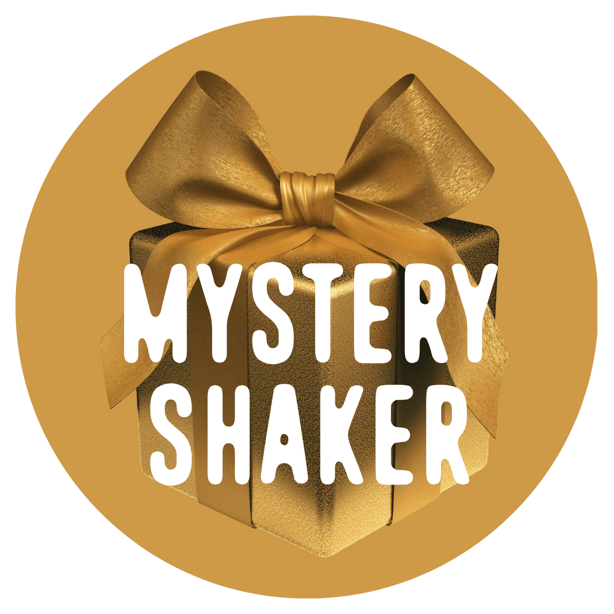 A gold gift box with a large bow is centered in a gold circle, featuring the words "Shop FlavCity Mystery Shaker" in bold white letters across the front.
