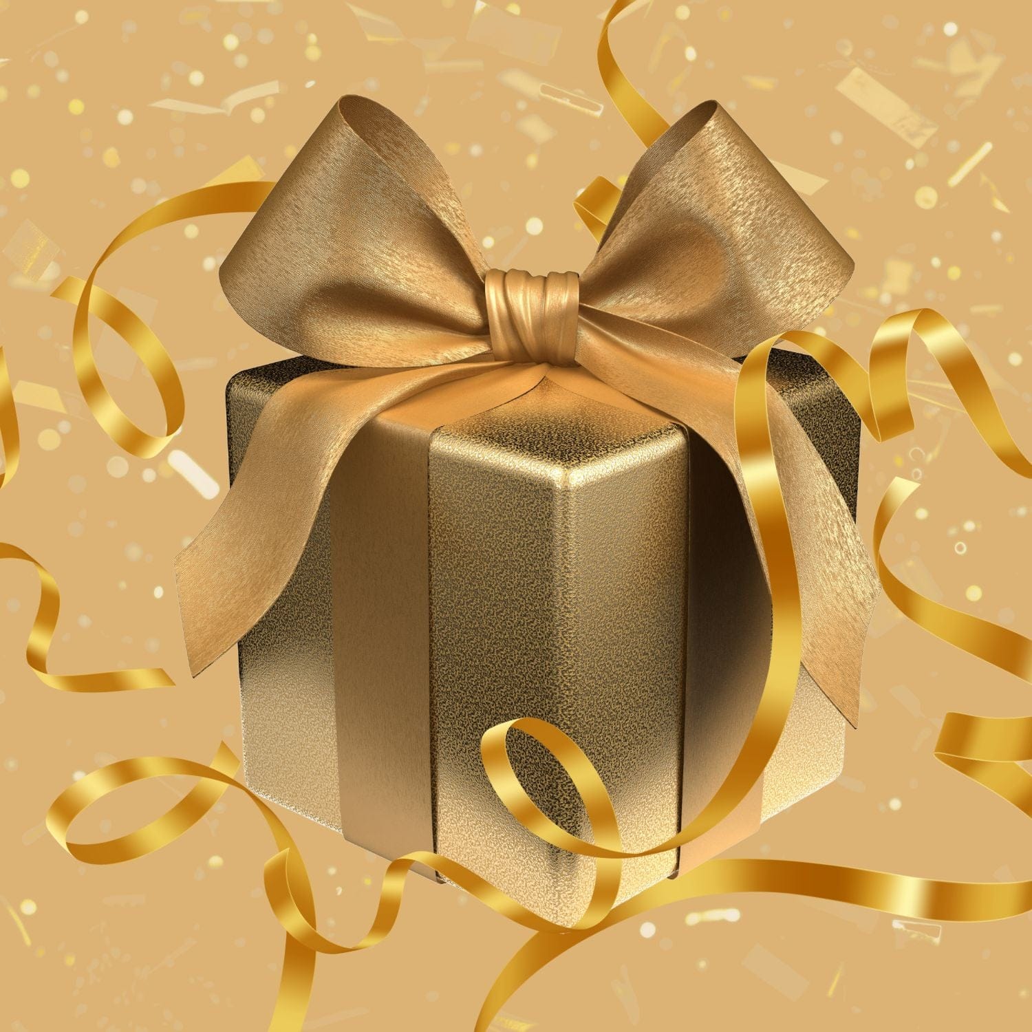 A gold gift box with a shiny gold ribbon and bow, surrounded by swirling gold ribbons and confetti on a matching gold background.
