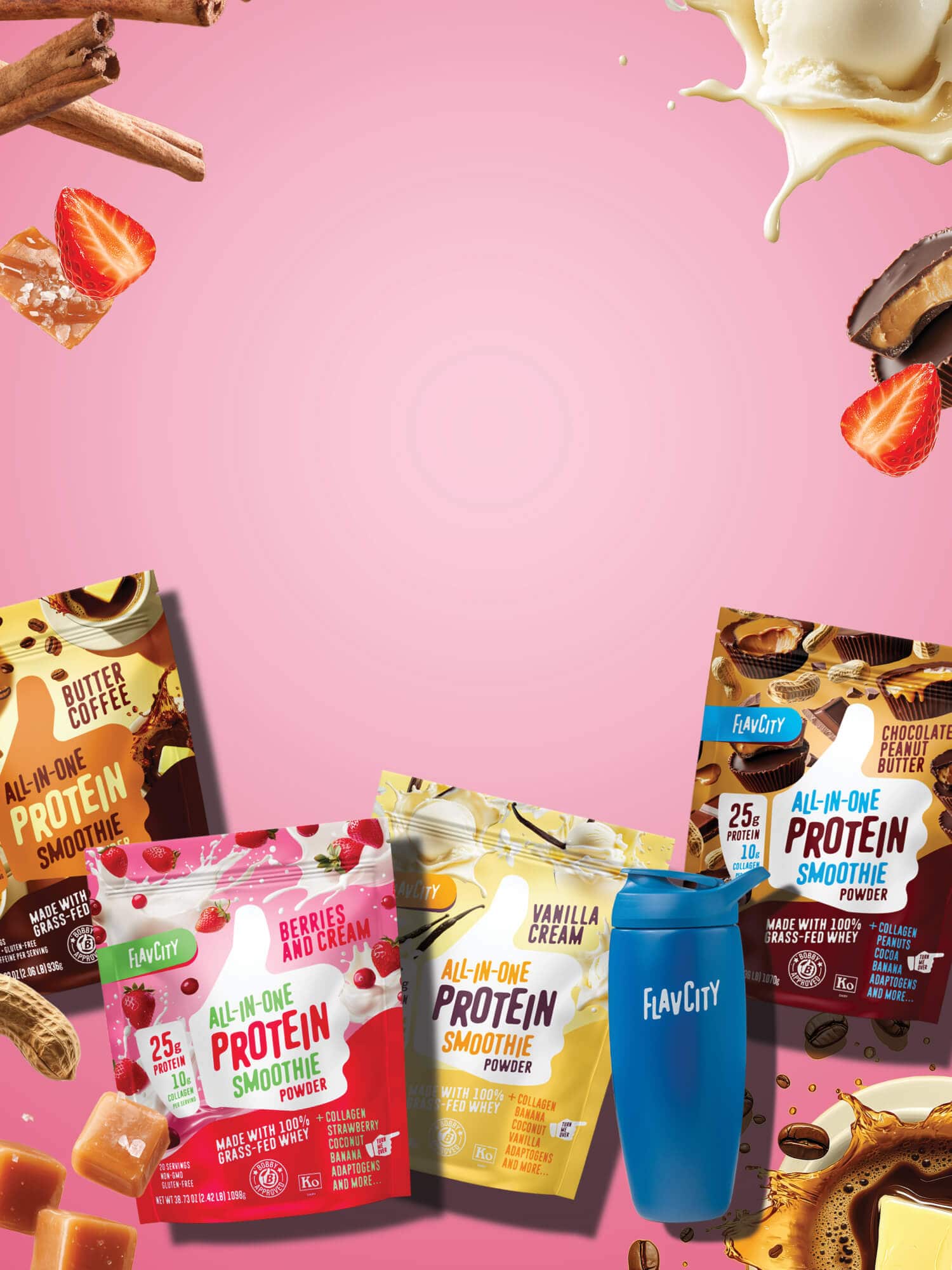 Four FlavCity All-In-One Protein Smoothie powder bags (Butter Coffee, Berries and Cream, Vanilla Cream, Chocolate Peanut Butter) and a blue shaker are displayed on a pink background with splashes of milk, chocolate, and fruit.
