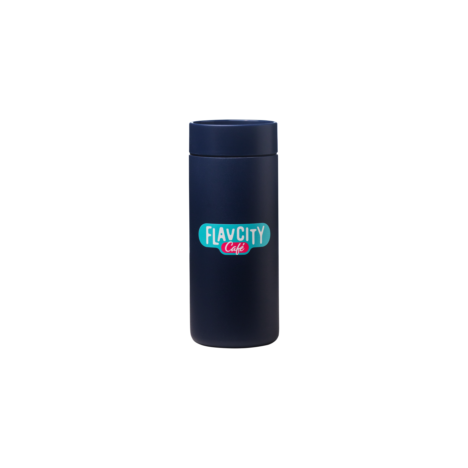 The FlavCity Cafe Hot Tumbler is a Navy blue stainless steel tumbler with a lid, featuring the FlavCity Cafe logo in blue, white, and pink on the front, shown against a plain white background.