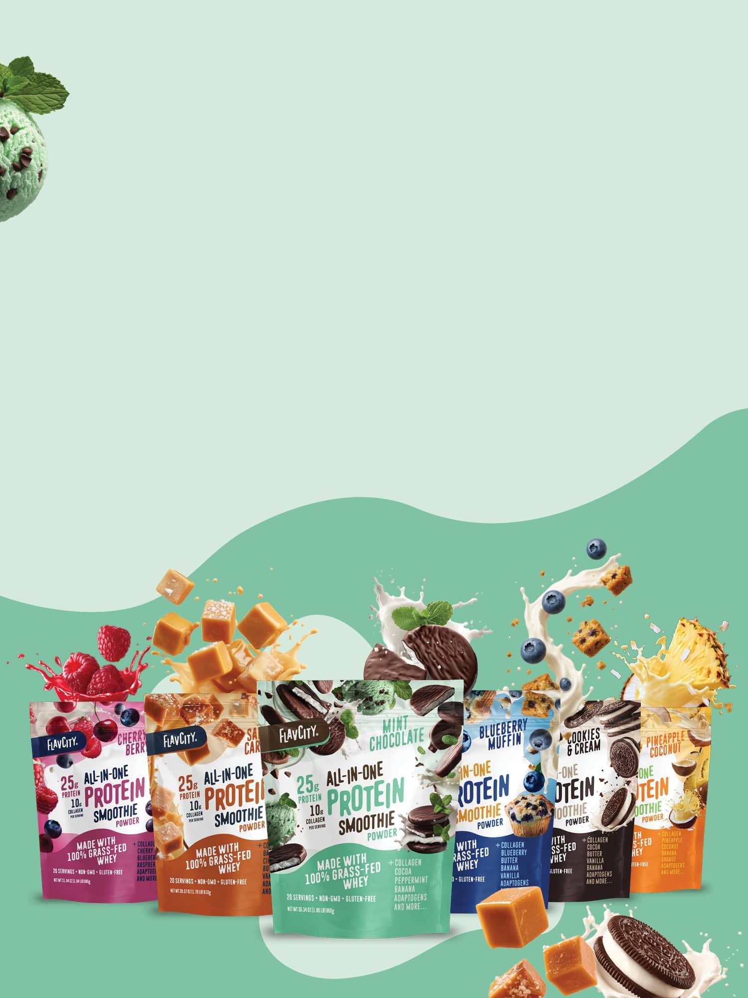 Seven colorful FunGuy protein smoothie pouches with various flavors, surrounded by splashes of milk, fruit, caramel, and cookies, all arranged on a green background with a mint chocolate chip ice cream scoop in the upper left corner.